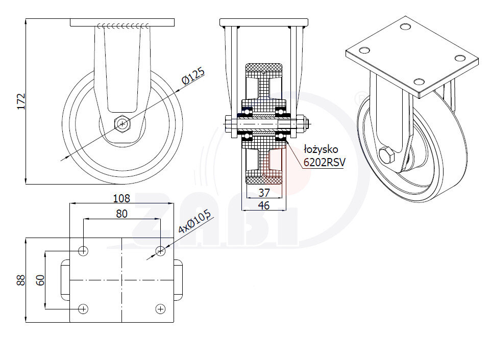 Koła poliamidowo-poliuretanowe, Do dużych obciążeń, W obudowach stałych spawanych o symbolu 23MBCND