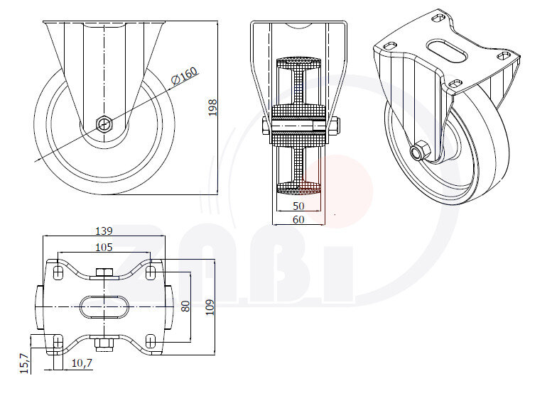 , Колеса нейлоновые + полиуретан, Колеса нейлоновые + полиуретан неповоротными с обозначением 43BC9