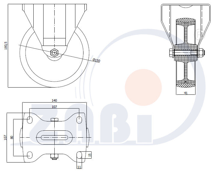 , Колеса нейлоновые + полиуретан, Колеса нейлоновые + полиуретан неповоротными с обозначением 73BC9