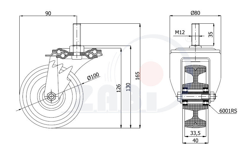 , Колеса нейлоновые + полиуретан, Колеса нейлоновые + полиуретан поворотные штырь с обозначением 14BCN*M12