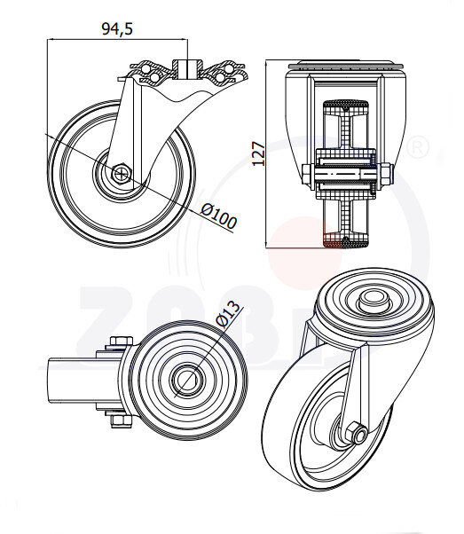 , Колеса нейлоновые + полиуретан, Колеса нейлоновые + полиуретан поворотные под болт с обозначением 17BC