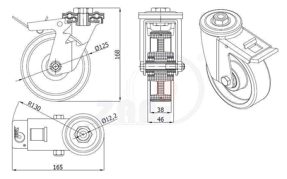 , Колеса нейлоновые + полиуретан, Колеса нейлоновые + полиуретан поворотные под болт + тормоз с обозначением 27BCNWH