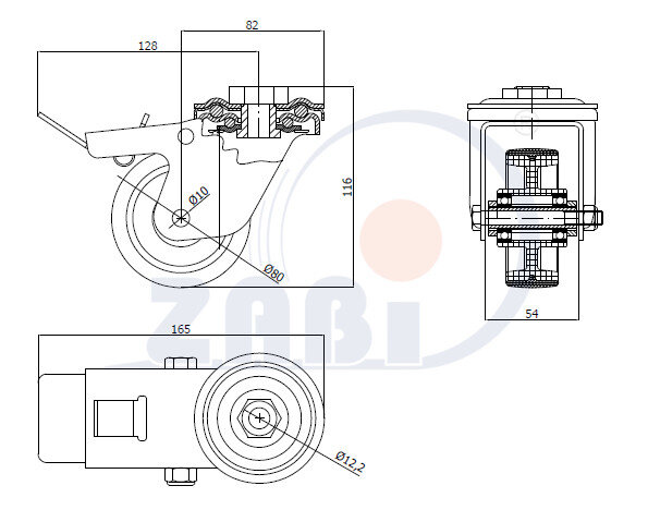 , Колеса нейлоновые + полиуретан, Колеса нейлоновые + полиуретан поворотные под болт + тормоз с обозначением 8BCNWH