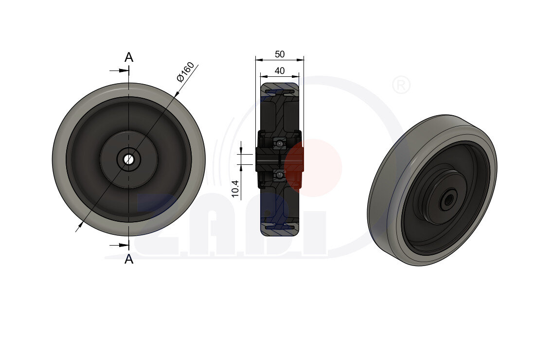 Räder und Rollen, Räder im Gehäuse aus rostfreiem Stahl, Räder mit dem Symbol 40PPULX