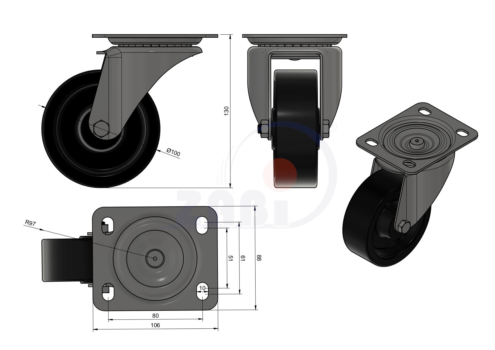 Колёса и наборы колёс, Колёса промышленные опорами из нержавеющей стали, С поворотными опорами из нержавеющей стали с обозначением 12EZX