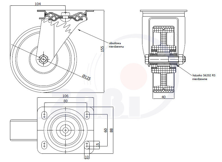 Колёса и наборы колёс, Колёса промышленные опорами из нержавеющей стали, С поворотными опорами из нержавеющей стали с обозначением 22MBCNX