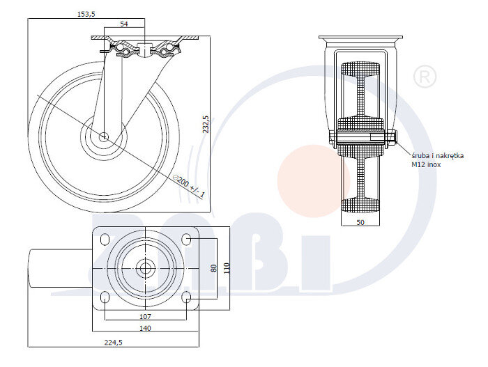 Koła i zestawy kołowe, Koła w obudowach ze stali nierdzewnej, W obudowach skrętnych ze stali nierdzewnej o symbolu 62BX9