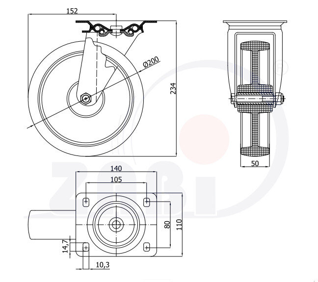 Koła i zestawy kołowe, Koła w obudowach ze stali nierdzewnej, W obudowach skrętnych ze stali nierdzewnej o symbolu 62EX