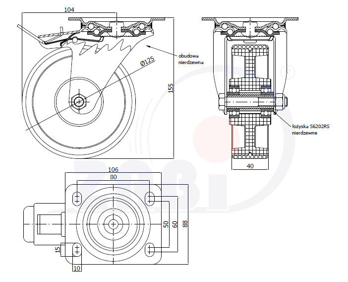 Колёса и наборы колёс, Колёса промышленные опорами из нержавеющей стали, с обозначением 25MBCNXH