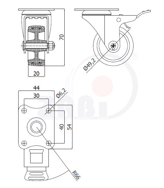 Koła aparaturowe-meblowe, Koła aparaturowe-meblowe, W obudowach skrętnych z hamulcem o symbolu M52TXH
