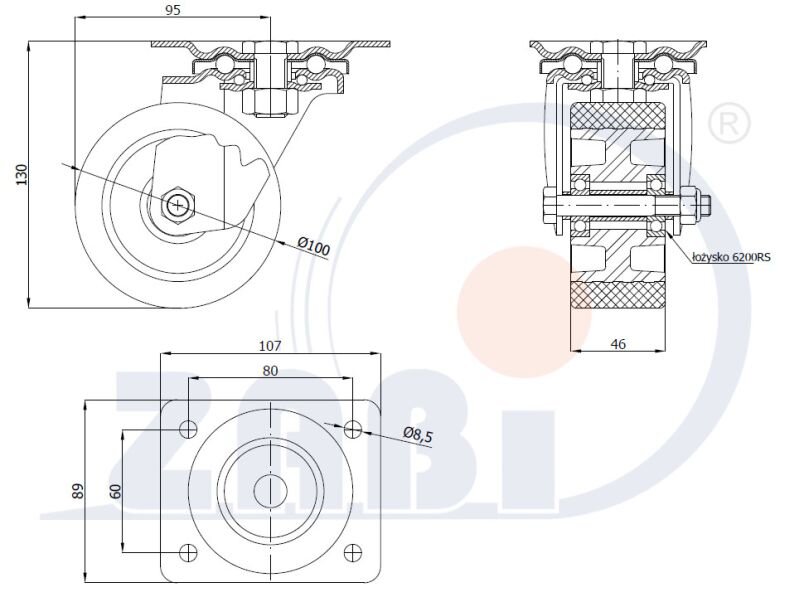 Колёса промышленные (алюминий + полиуретан), Колёса промышленные (алюминий + полиуретан), С поворотными опорами с обозначением A12PW