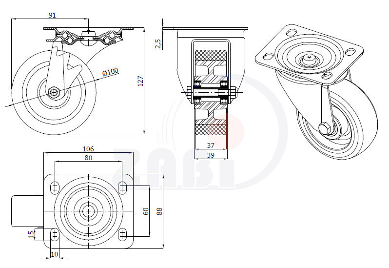 Колёса промышленные (алюминий + полиуретан), Колёса промышленные (алюминий + полиуретан), С поворотными опорами с обозначением A12P