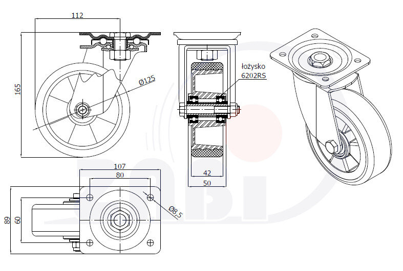 Колёса промышленные (алюминий + полиуретан), Колёса промышленные (алюминий + полиуретан), С поворотными опорами с обозначением A22PW