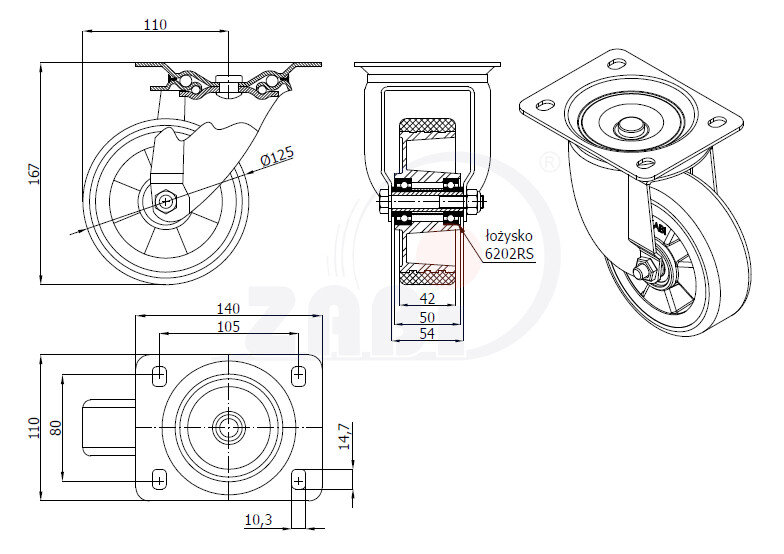 Колёса промышленные (алюминий + полиуретан), Колёса промышленные (алюминий + полиуретан), С поворотными опорами с обозначением A22P