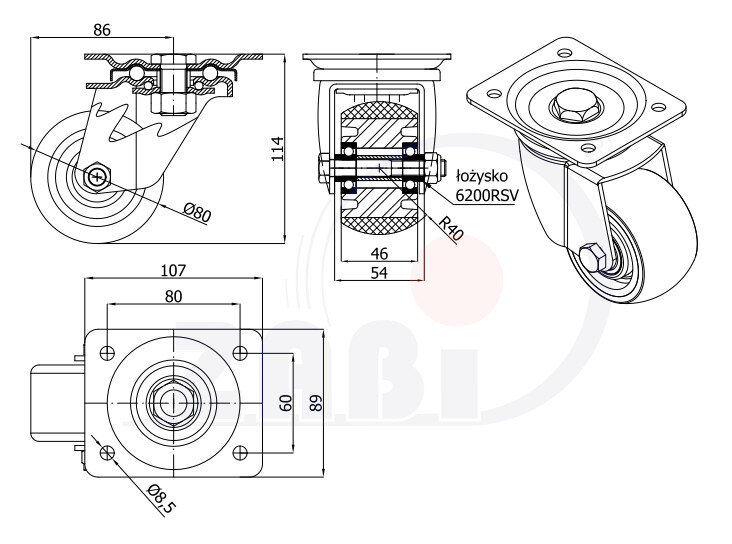 Koła aluminiowo-poliuretanowe, Do małych obciążeń, W obudowach skrętnych o symbolu A3PRW