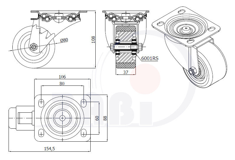 Колёса промышленные (алюминий + полиуретан), Колёса промышленные (алюминий + полиуретан), С поворотными опорами с обозначением A3P