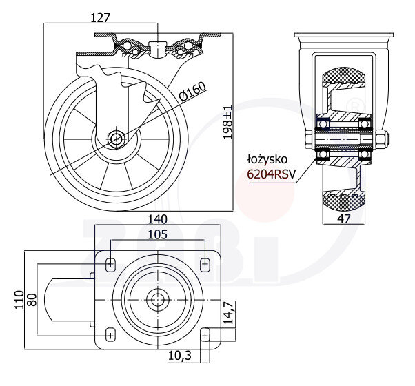 Колёса промышленные (алюминий + полиуретан), Колёса промышленные (алюминий + полиуретан), С поворотными опорами с обозначением A42PRW
