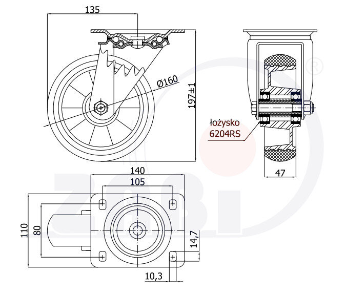 Колёса промышленные (алюминий + полиуретан), Колёса промышленные (алюминий + полиуретан), С поворотными опорами с обозначением A42PR