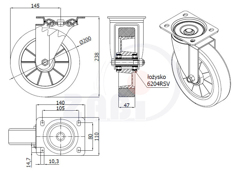 Колёса промышленные (алюминий + полиуретан), Колёса промышленные (алюминий + полиуретан), С поворотными опорами с обозначением A62PNW