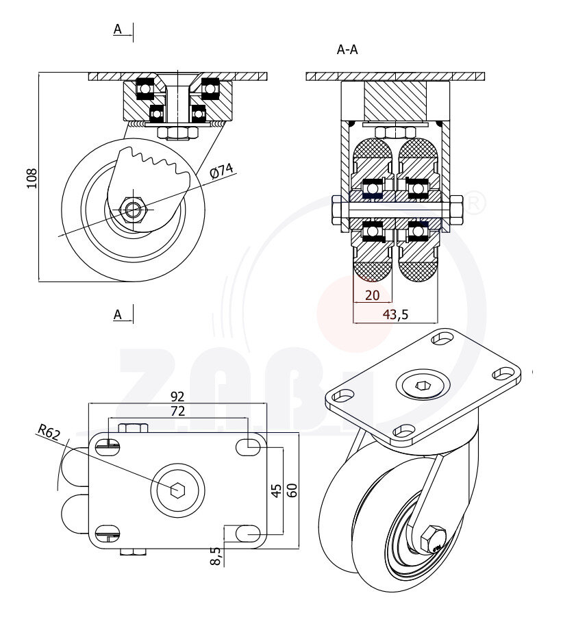 Колёса промышленные (алюминий + полиуретан), , с обозначением A752P/2