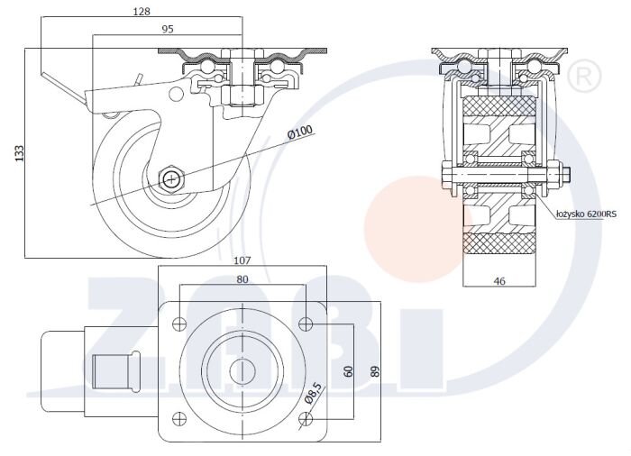 Колёса промышленные (алюминий + полиуретан), Колёса промышленные (алюминий + полиуретан), С поворотными опорами с тормозом с обозначением A15PWH