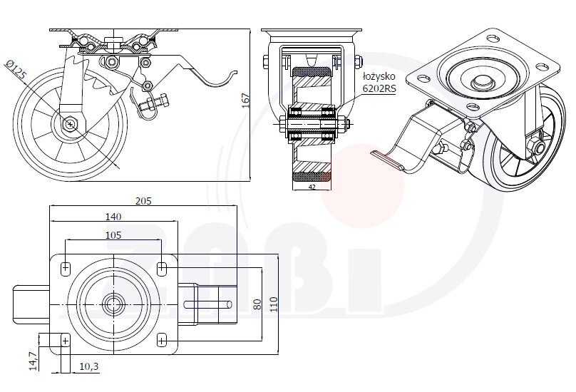 Колёса промышленные (алюминий + полиуретан), Колёса промышленные (алюминий + полиуретан), С поворотными опорами с тормозом с обозначением A25PH