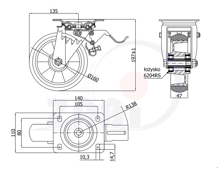 Колёса промышленные (алюминий + полиуретан), Колёса промышленные (алюминий + полиуретан), С поворотными опорами с тормозом с обозначением A45PRH