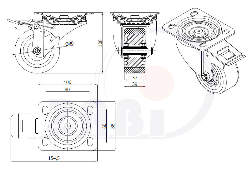Колёса промышленные (алюминий + полиуретан), Колёса промышленные (алюминий + полиуретан), С поворотными опорами с тормозом с обозначением A6PH
