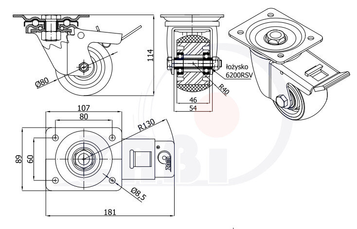 Колёса промышленные (алюминий + полиуретан), Колёса промышленные (алюминий + полиуретан), С поворотными опорами с тормозом с обозначением A6PRWH