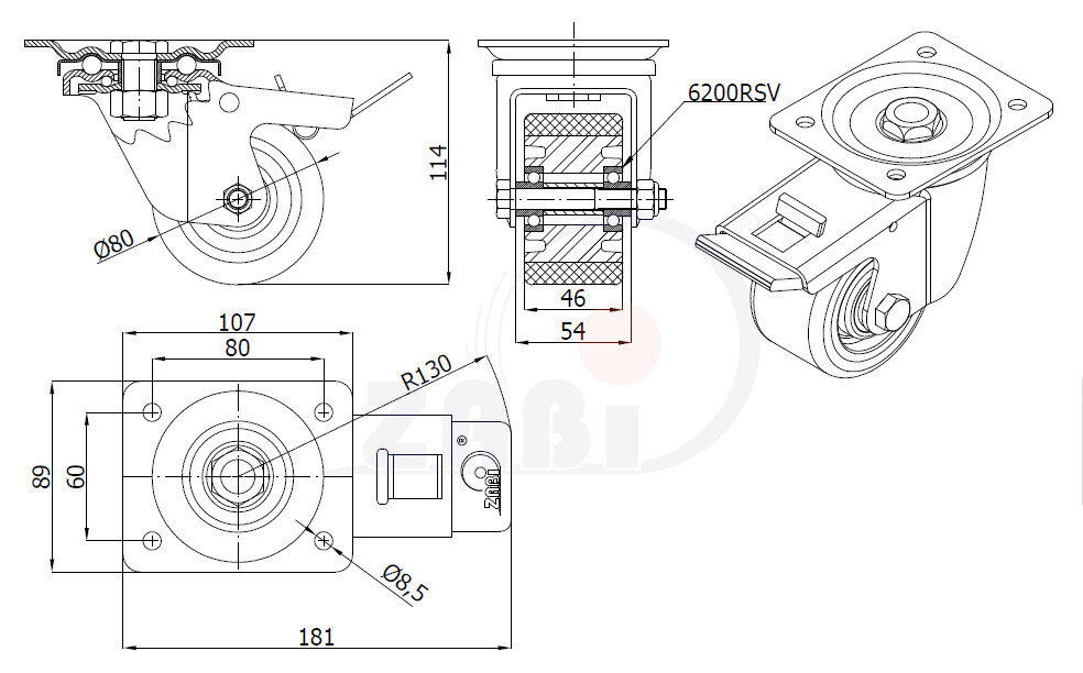 Колёса промышленные (алюминий + полиуретан), Колёса промышленные (алюминий + полиуретан), С поворотными опорами с тормозом с обозначением A6PWH
