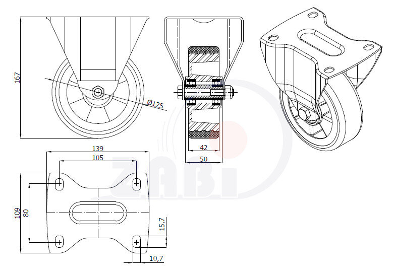 Колёса промышленные (алюминий + полиуретан), Колёса промышленные (алюминий + полиуретан), С неповоротными опорами с обозначением A23P