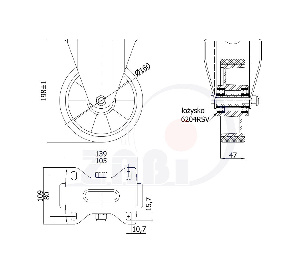 Колёса промышленные (алюминий + полиуретан), Колёса промышленные (алюминий + полиуретан), С неповоротными опорами с обозначением A43P