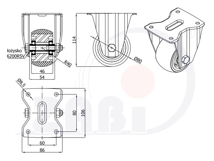 Колёса промышленные (алюминий + полиуретан), Колёса промышленные (алюминий + полиуретан), С неповоротными опорами с обозначением A4PRW