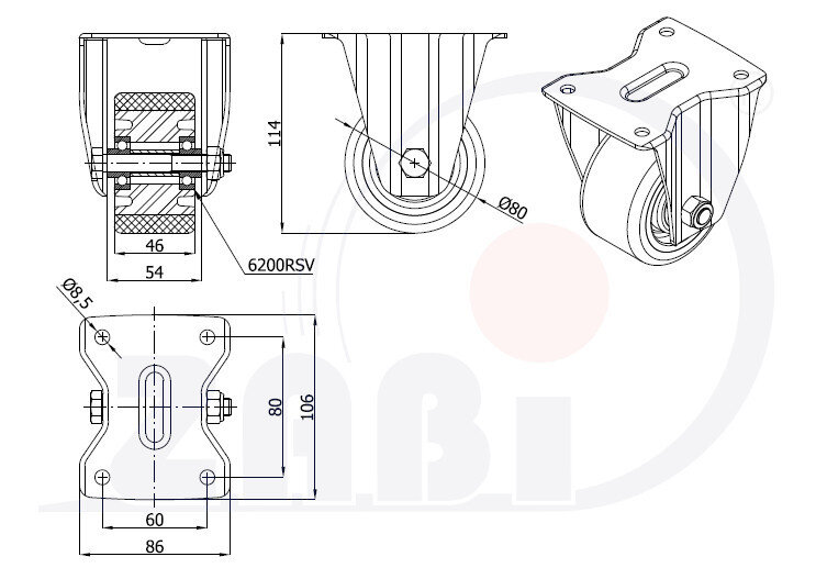 Колёса промышленные (алюминий + полиуретан), Колёса промышленные (алюминий + полиуретан), С неповоротными опорами с обозначением A4PW