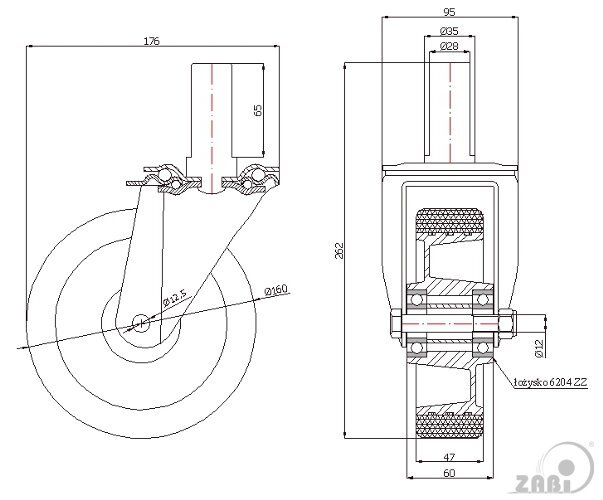 Колёса промышленные (алюминий + полиуретан), Колёса промышленные (алюминий + полиуретан), С опорами со штекером с обозначением A44P*28