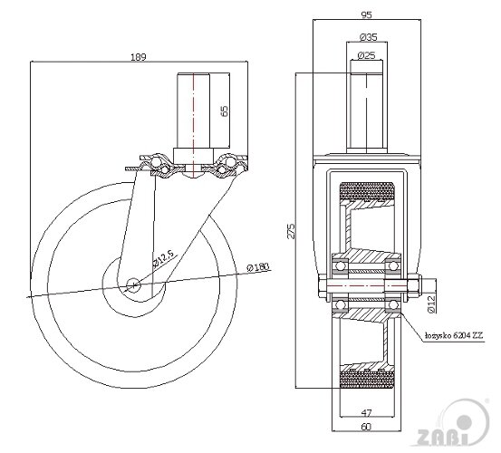 Koła aluminiowo-poliuretanowe, Do małych obciążeń, W obudowach z trzpieniem o symbolu A54P*25