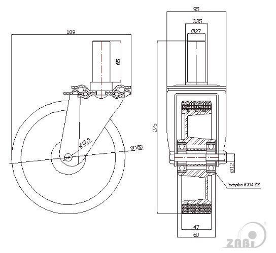 Koła aluminiowo-poliuretanowe, Do małych obciążeń, W obudowach z trzpieniem o symbolu A54P*27