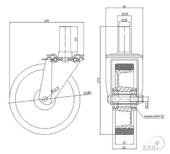 Koła aluminiowo-poliuretanowe, Do małych obciążeń, W obudowach z trzpieniem o symbolu A54P*28