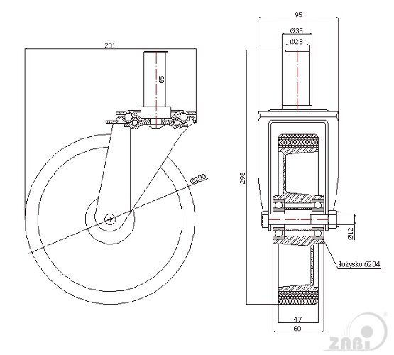 Koła aluminiowo-poliuretanowe, Do małych obciążeń, W obudowach z trzpieniem o symbolu A64P*28