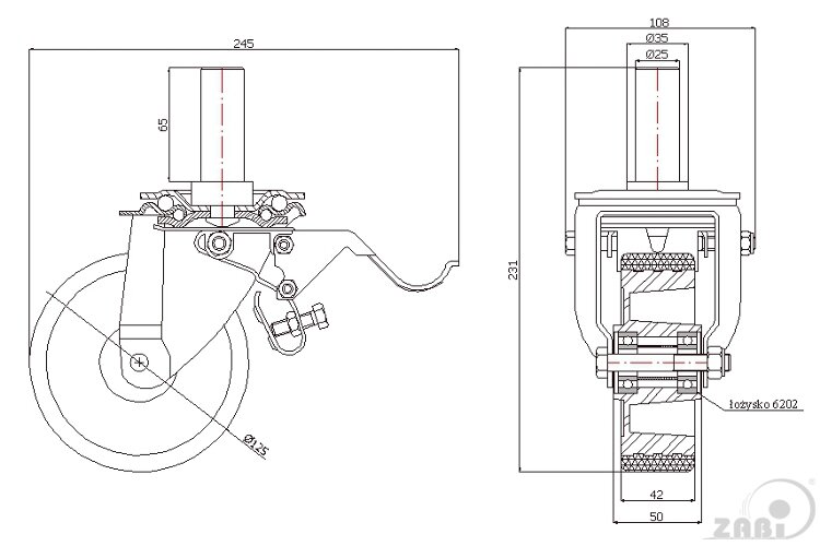 Колёса промышленные (алюминий + полиуретан), Колёса промышленные (алюминий + полиуретан), С опорами со штекером и тормозом с обозначением A26PH*25