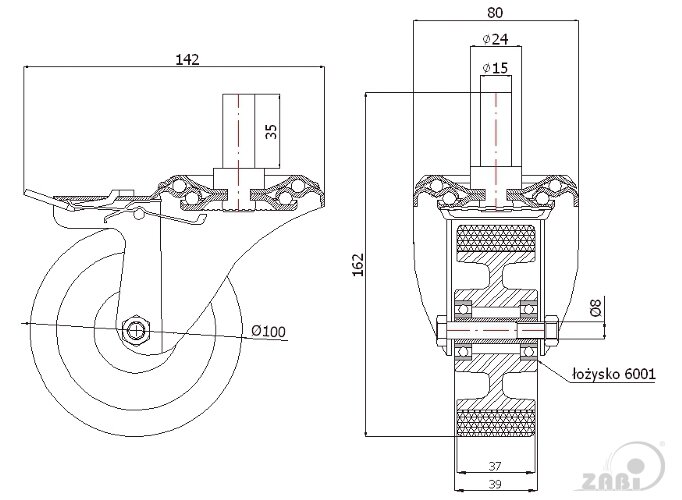 Колёса промышленные (алюминий + полиуретан), Колёса промышленные (алюминий + полиуретан), С опорами со штекером и тормозом с обозначением A16PH*15