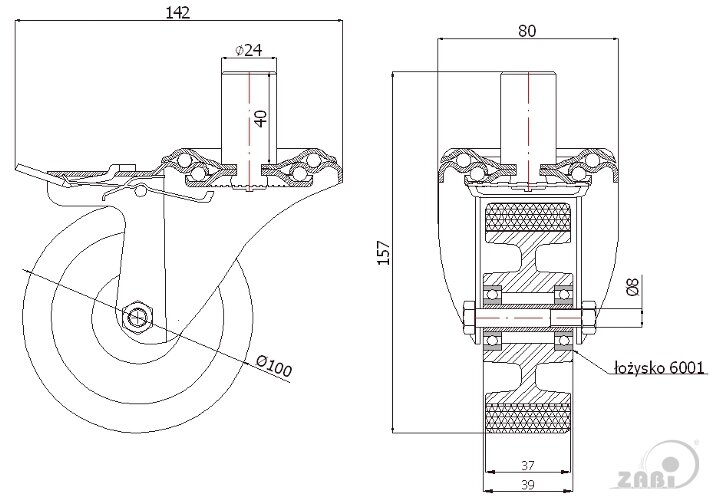 Колёса промышленные (алюминий + полиуретан), Колёса промышленные (алюминий + полиуретан), С опорами со штекером и тормозом с обозначением A16PH*24