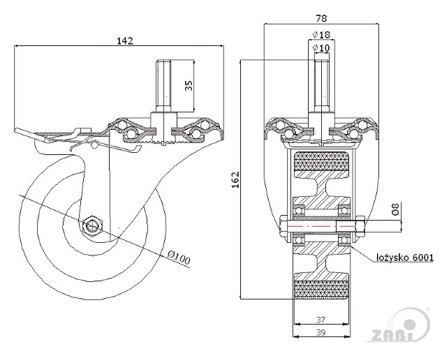 Колёса промышленные (алюминий + полиуретан), Колёса промышленные (алюминий + полиуретан), С опорами со штекером и тормозом с обозначением A16PH*M10