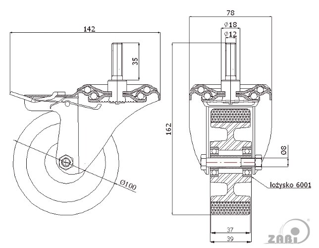 Колёса промышленные (алюминий + полиуретан), Колёса промышленные (алюминий + полиуретан), С опорами со штекером и тормозом с обозначением A16PH*M12