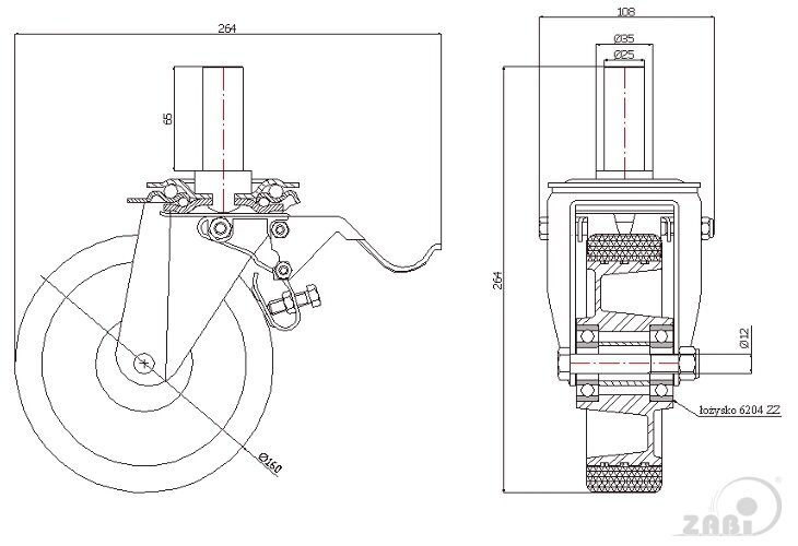 Колёса промышленные (алюминий + полиуретан), Колёса промышленные (алюминий + полиуретан), С опорами со штекером и тормозом с обозначением A46PH*25