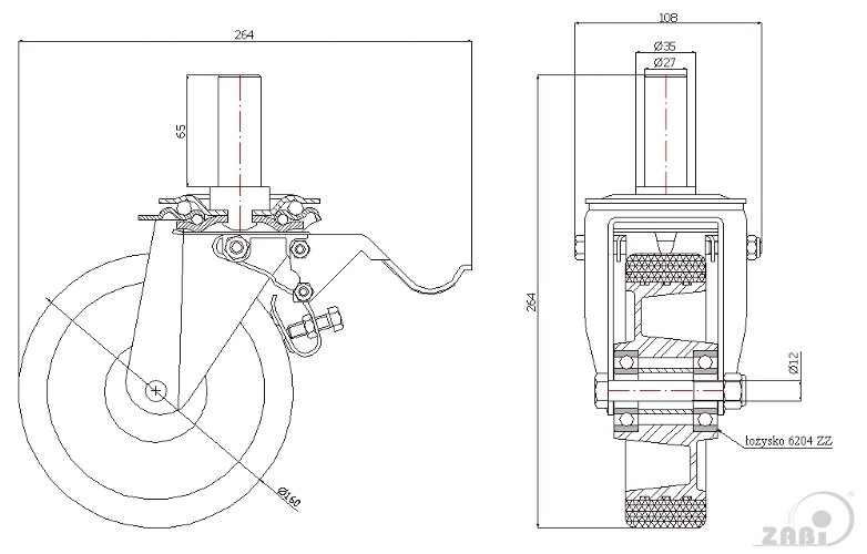 Колёса промышленные (алюминий + полиуретан), Колёса промышленные (алюминий + полиуретан), С опорами со штекером и тормозом с обозначением A46PH*27