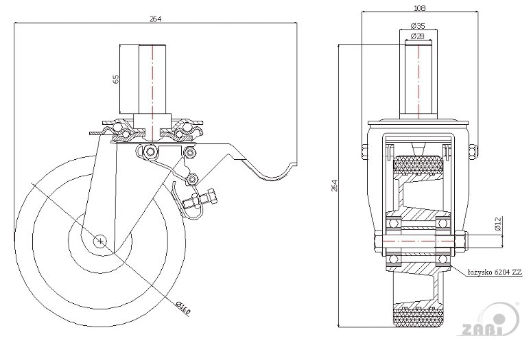 Колёса промышленные (алюминий + полиуретан), Колёса промышленные (алюминий + полиуретан), С опорами со штекером и тормозом с обозначением A46PH*28