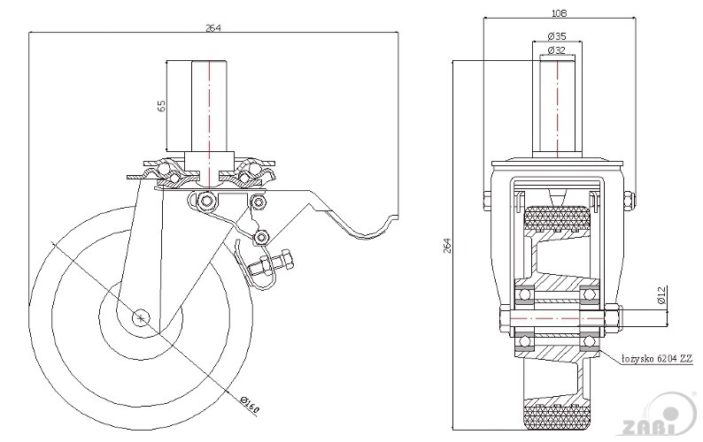 Колёса промышленные (алюминий + полиуретан), Колёса промышленные (алюминий + полиуретан), С опорами со штекером и тормозом с обозначением A46PH*32