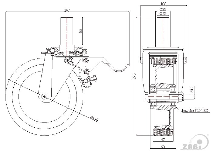 Koła aluminiowo-poliuretanowe, Do małych obciążeń, W obudowach z trzpieniem i hamulcem o symbolu A56PH*25
