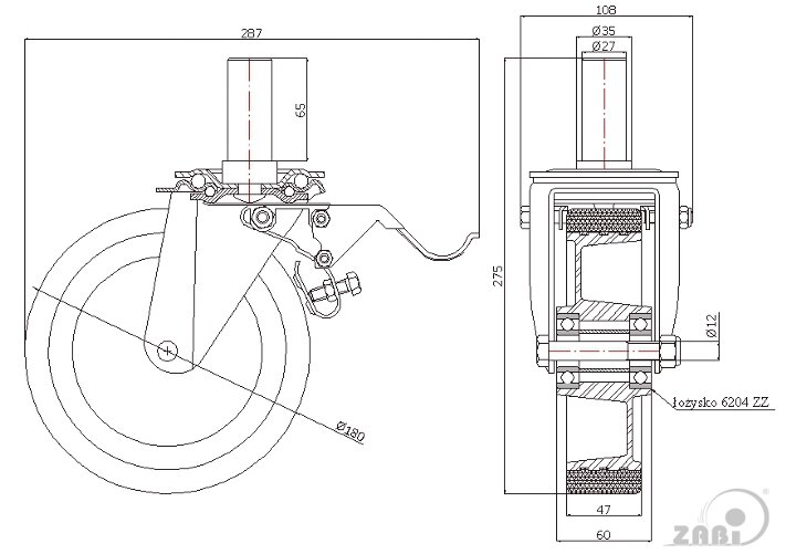 Koła aluminiowo-poliuretanowe, Do małych obciążeń, W obudowach z trzpieniem i hamulcem o symbolu A56PH*27
